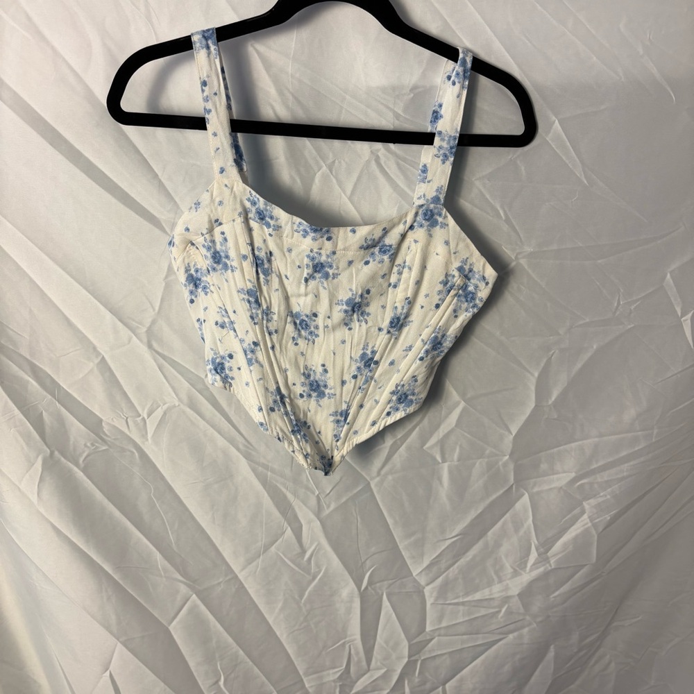 White and Pale Blue Floral Corset Bustier Crop Tank Top Sz M
